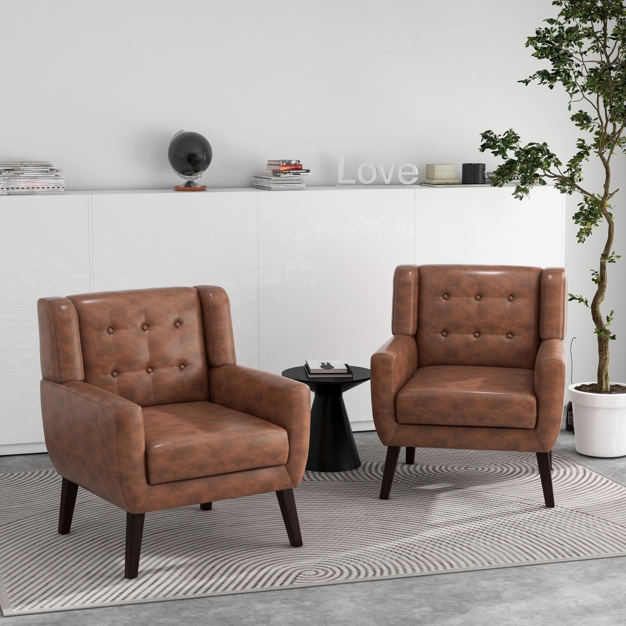 DREAMSIDEA faux leather mid-century modern accent chairs set of 2 in coffee
