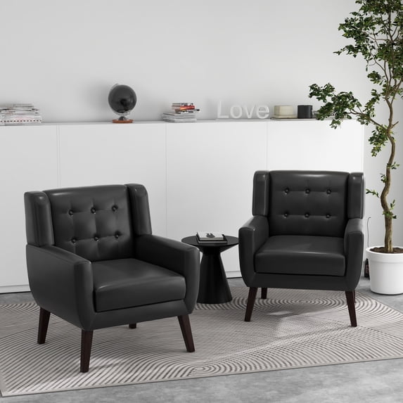DREAMSIDEA Faux Leather Accent Chairs Set of 2 for Living Room Morden Upholstered Armchair Black Bedroom Chairs