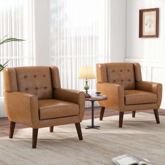 DREAMSIDEA Faux Leather Accent Chairs Set of 2 for Living Room Morden Upholstered Armchair Brown Bedroom Chairs