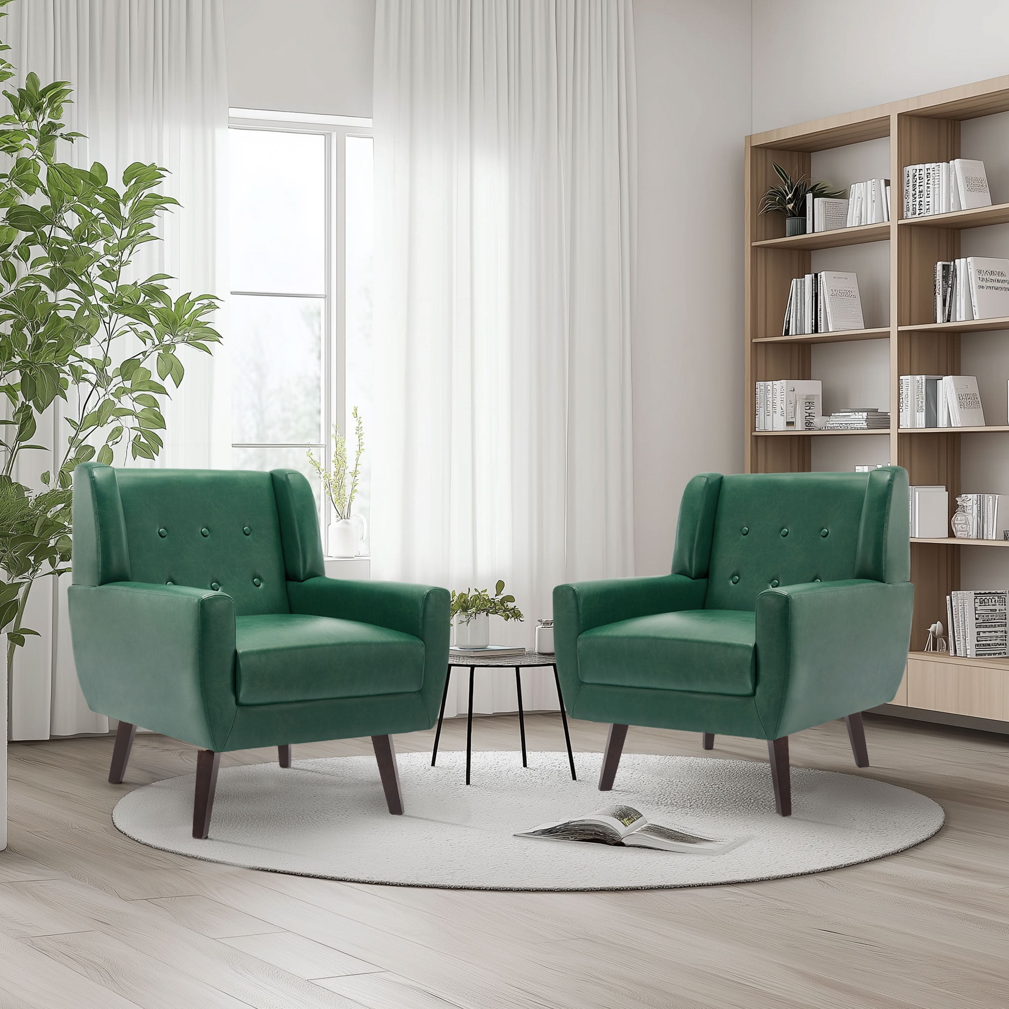 Green Faux Leather Barrel Accent Chair with Wood Legs, Set of 2