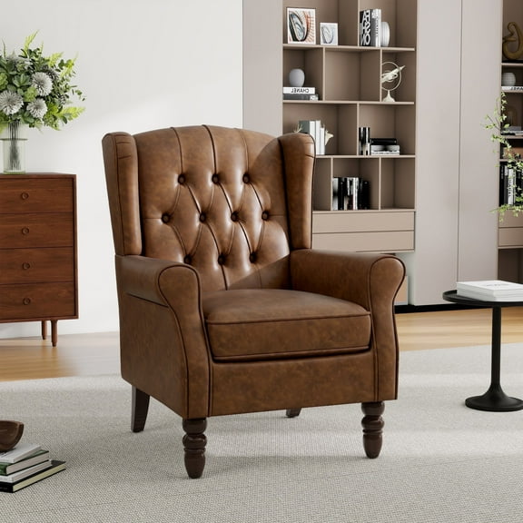 DREAMSIDEA Faux Leather High Back Accent Chair Upholstered Armchair Tufted Wingback Accent Chair for Living Room, Brown