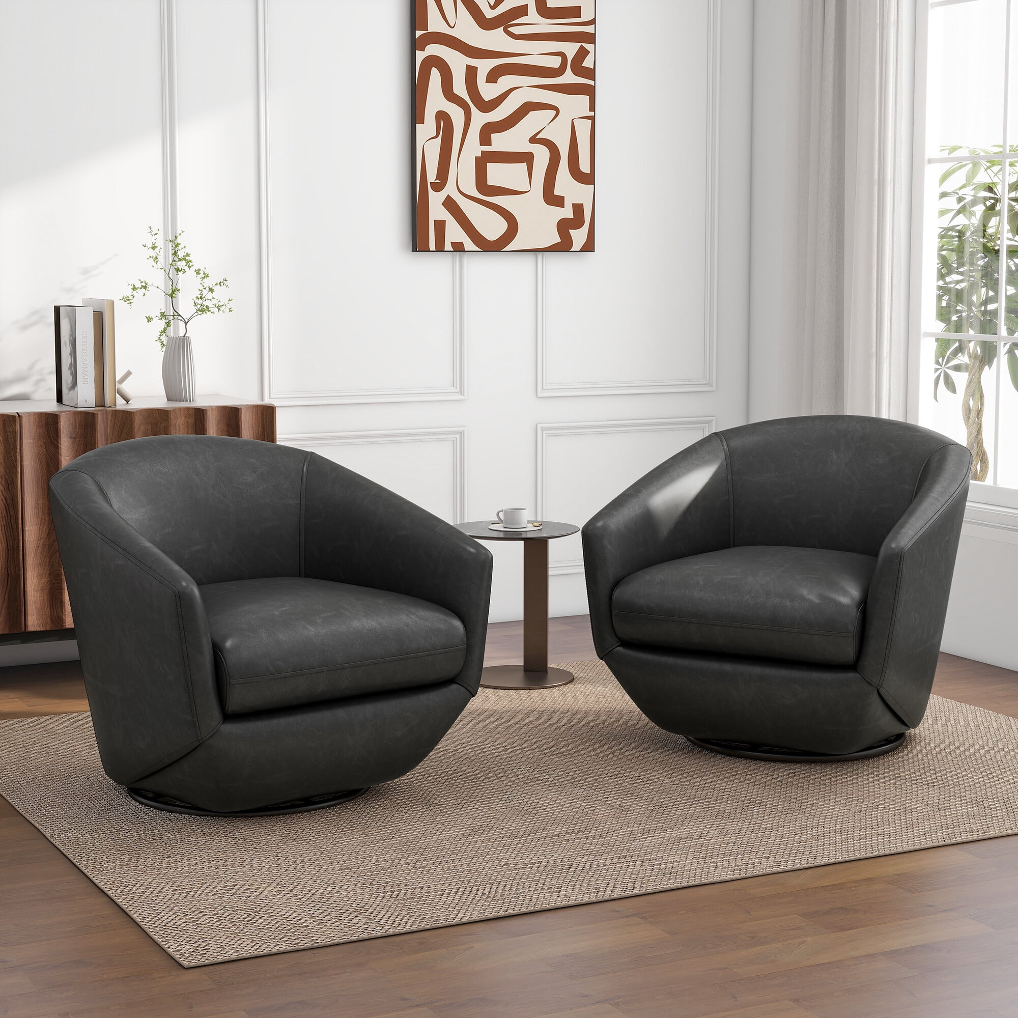 DREAMSIDEA Faux Leather Swivel Barrel Chair Sets of 2 360° Swivel Club ...