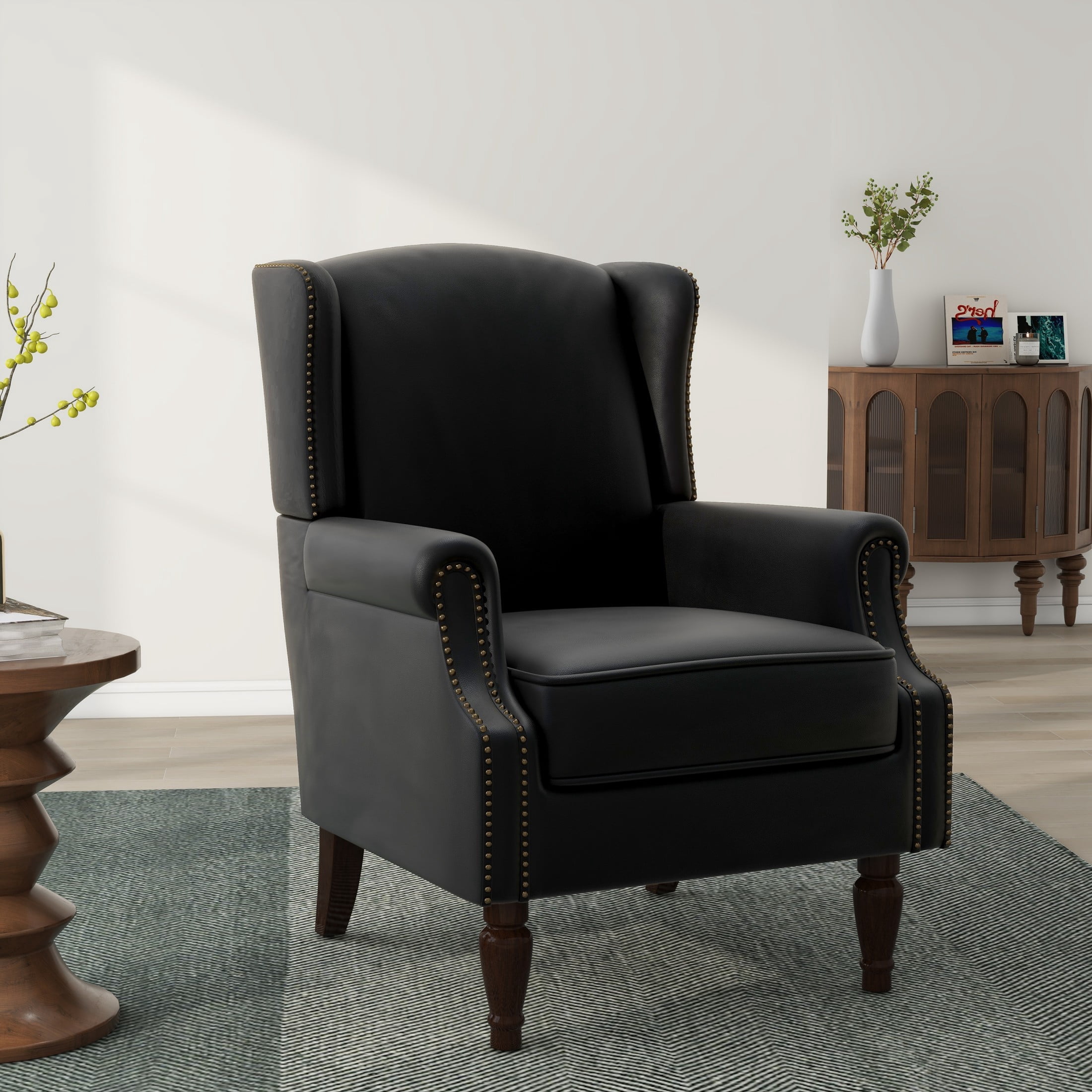 DREAMSIDEA Faux Leather Wingback Accent Chair with Nailhead Trim ...