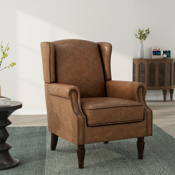 DREAMSIDEA Faux Leather Wingback Accent Chair with Nailhead Trim & Retro Wood Legs,High Back Wing Chair for Living Room-Brown