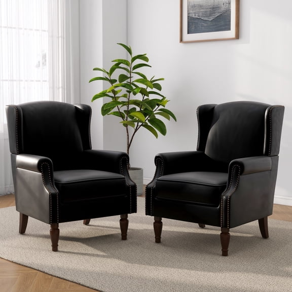 DREAMSIDEA Faux Leather Wingback Accent Chairs Set of 2 with Nailhead Trim & Retro Wood Legs,High Back Wing Chair for Living Room-Black