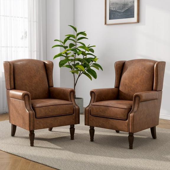 DREAMSIDEA Faux Leather Wingback Accent Chairs Set of 2 with Nailhead Trim & Retro Wood Legs,High Back Wing Chair for Living Room-Brown