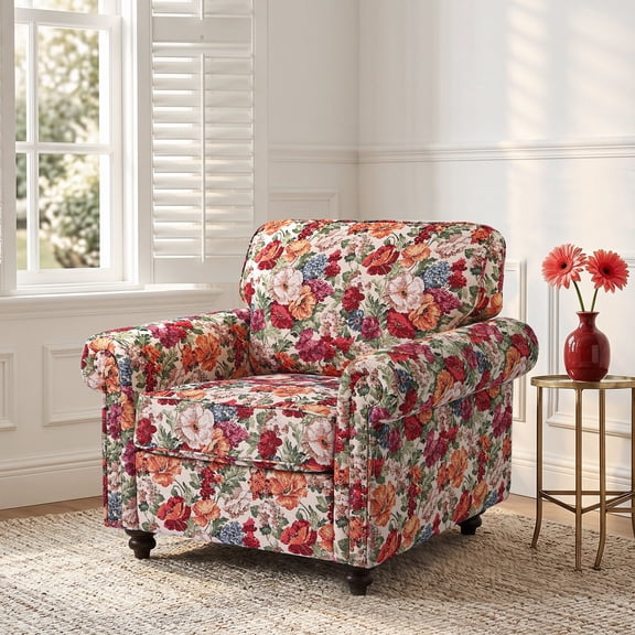 DREAMSIDEA Floral Accent Chair with Rolled Arm, Upholstered Living Room Accent Chair with Nailhead Trim&Wood Legs Reading, Square Reading Chair for Bedroom Office Small Spaces-Beige Floral