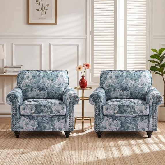 DREAMSIDEA Floral Accent Chairs Set of 2 Living Room, Upholstered Living Room Accent Chair with Nailhead Trim&Wood Legs Reading, Square Reading Chair for Bedroom Office Small Spaces-Cyan Blooms