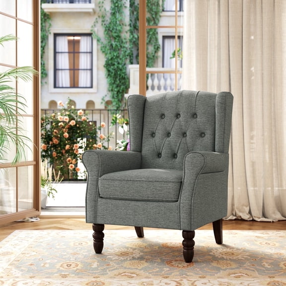 DREAMSIDEA Tufted Wingback Accent Chair for Living Room,High Back Upholstered Chair Gray Indoor Furniture