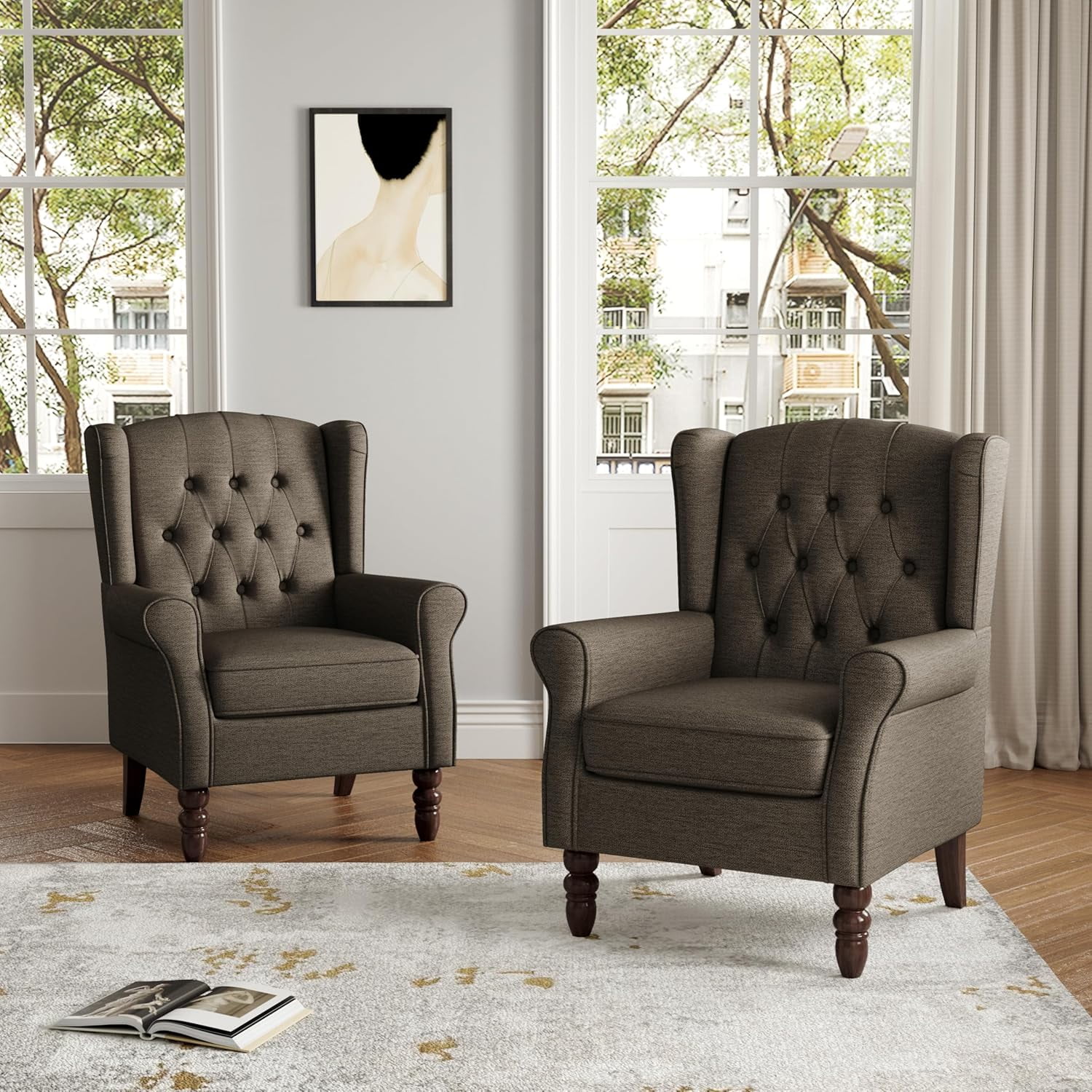 DREAMSIDEA High Back Accent Chair Set of 2 Upholstered Armchair Tufted ...