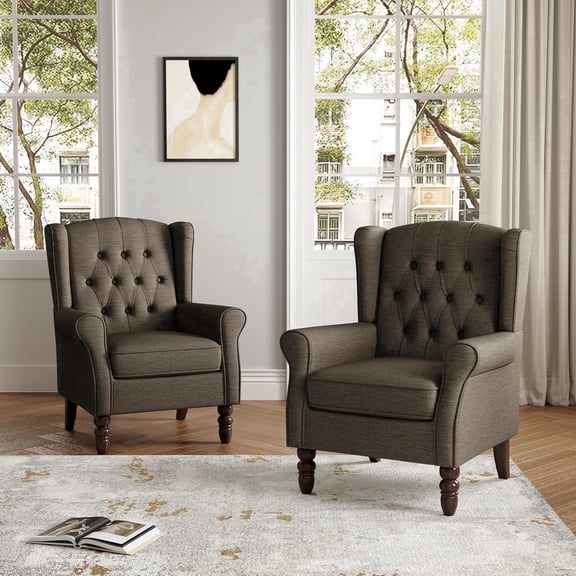DREAMSIDEA High Back Accent Chair Set of 2 Upholstered Armchair Tufted Wingback Accent Chair for Living Room, Taupe