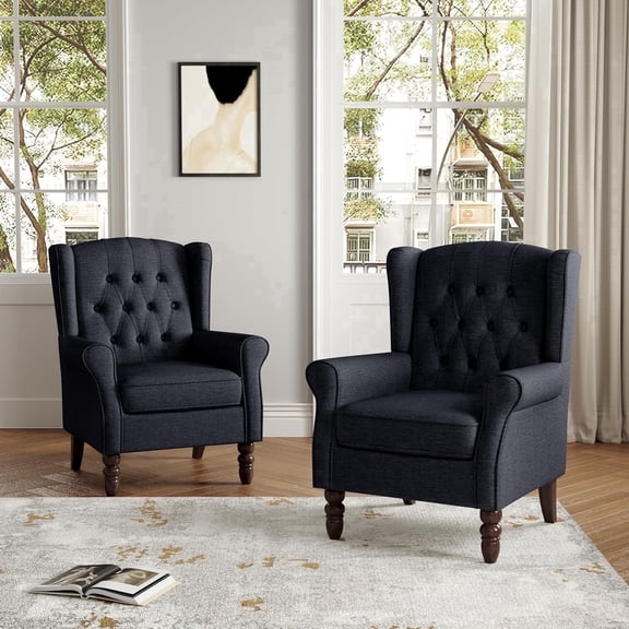 DREAMSIDEA High Back Accent Chair Set of 2 Upholstered Wingback Chair Button Tufted Arm Chair with Solid Wood Frame for Living Room, Dark Blue