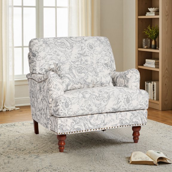 DREAMSIDEA High Back Floral Accent Chair for Living Room, Upholstered Lounge Armchair with Lumbar Pillow Comfy Reading Sofa Chair, Rococo Light Gray