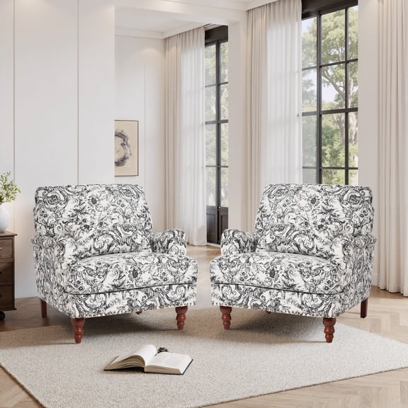 DREAMSIDEA High Back Floral Accent Chairs Set of 2 for Living Room, Upholstered Lounge Armchair with Lumbar Pillow Comfy Reading Sofa Chair, Rococo Black
