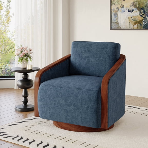 DREAMSIDEA High Back Swivel Chair with Wooden Arms, Square Back Modern Swivel Accent Chair for Living Room&Office,Upholstered Chenille Fabric Swivel Lounge Chair(Navy Blue, Set of 1)