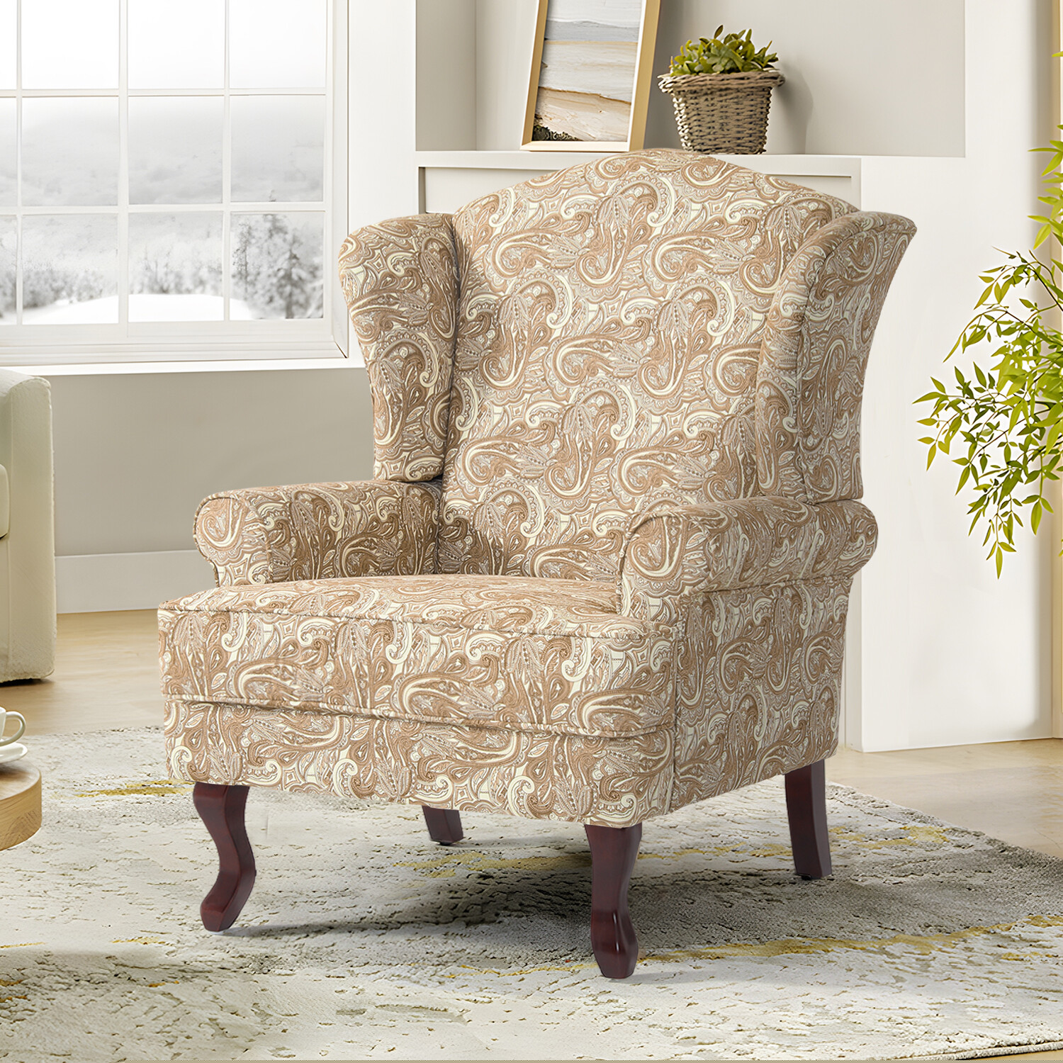 DREAMSIDEA High Back Wingback Chair Upholstered Fabric Floral Chairs Living Room with Arms and Retro Wood Legs-Sand