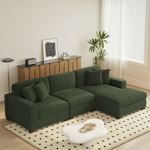 DREAMSIDEA L Shaped Sectional Sofa Couch for Living Room, Modern Corduroy L-Shaped Couch 3-Seat Sofa Sectional with Left-Armrest Chaise for Apartment & Small Space,Green