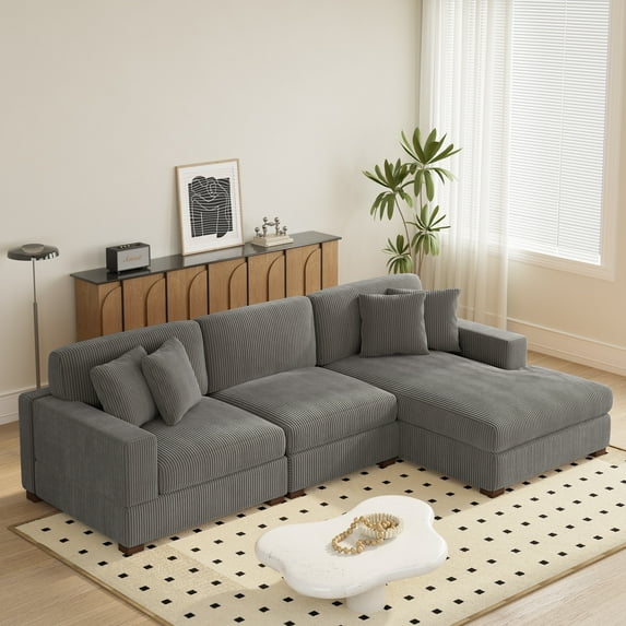 DREAMSIDEA L Shaped Sectional Sofa Couch for Living Room, Modern Corduroy L-Shaped Couch 3-Seat Sofa Sectional with Left-Armrest Chaise for Apartment & Small Space,Light Gray