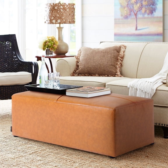 DREAMSIDEA Large Rectangular Pouf, Ottoman Footstool, Upholstered in 100% Genuine Leather Brown for Living Room, Bedroom and Kids Room, Tranditional, Boho