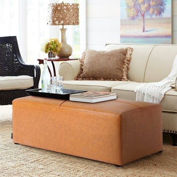 DREAMSIDEA Large Rectangular Pouf, Ottoman Footstool, Upholstered in 100% Genuine Leather Brown for Living Room, Bedroom and Kids Room, Tranditional, Boho