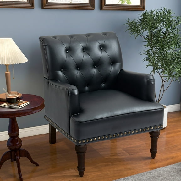 DREAMSIDEA Leather Accent Chair Living Room, Comfy Single Sofa Reading Chair Nailhead Trim for Bedroom, Black