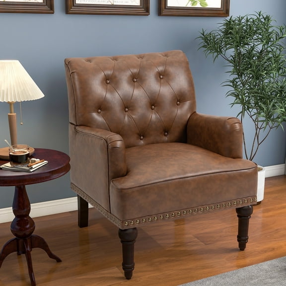 DREAMSIDEA Leather Accent Chair Living Room, Comfy Single Sofa Reading Chair Nailhead Trim for Bedroom, Brown