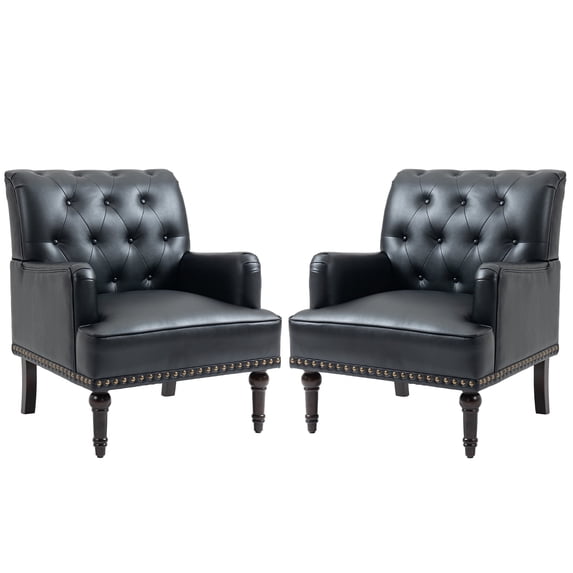 DREAMSIDEA Leather Accent Chairs Set of 2, Comfy Single Sofa Reading Chair Nailhead Trim for Living Room Bedroom, Black