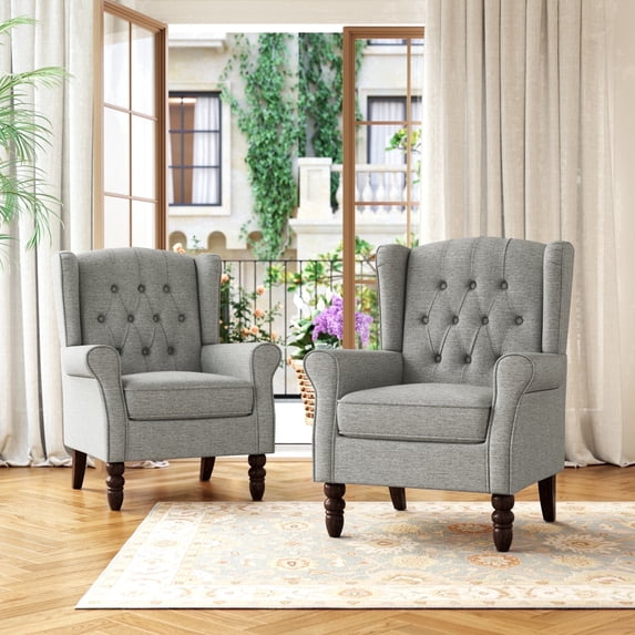 DREAMSIDEA, Tufted Wingback Accent Chair, Set of 2, Light Grey ...