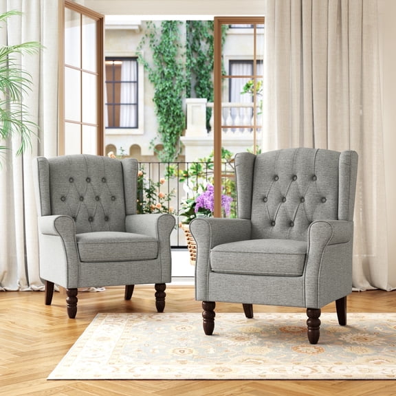 DREAMSIDEA Tufted Wingback Accent Chair Set of 2,High Back Upholstered Chair Light Grey for Living Room, Bedroom