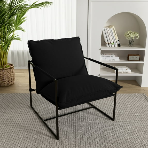DREAMSIDEA Living Room Chair Sling Accent Chair,Metal Framed Armchair with Thicked Cushions, Reading Leisure Chair for Indoor/Oudoor, Black