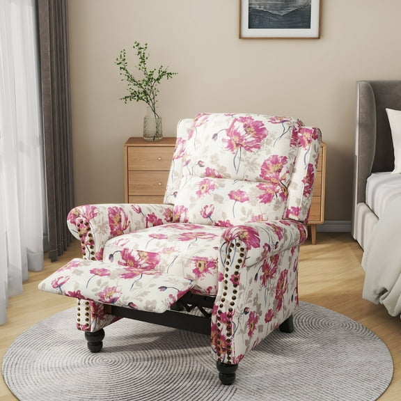 DREAMSIDEA Manual Recliner Chair Push Back Upholstered Mid Century Armchair Fabric Sofa Home Theater Couches with Trim Wood Legs Reading Seat for Living Room, Flower