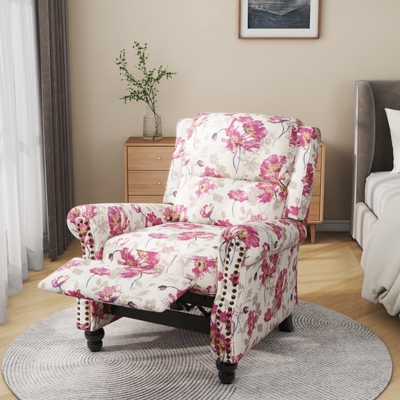 DREAMSIDEA Manual Recliner Chair Push Back Upholstered Mid Century Armchair Fabric Sofa Home Theater Couches with Trim Wood Legs Reading Seat for Living Room, Flower