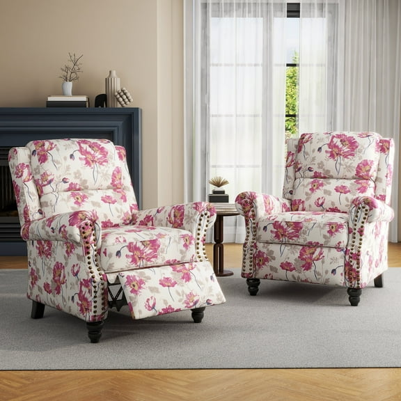 DREAMSIDEA Manual Recliner Chair Sets of 2 Push Back Upholstered Mid Century Armchair Fabric Sofa Home Theater Couches with Trim Wood Legs Reading Seat for Living Room, Flower