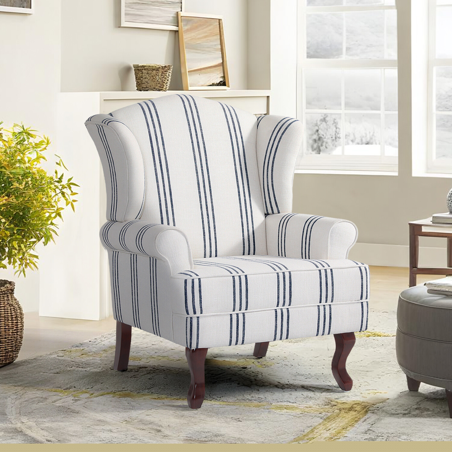 DREAMSIDEA Mid Century Navy Stripe Accent Chair, Comfy Upholstered Wingback Accent Chair Reading Chair for Living Room Bedroom Guest Room,Navy Blue and White
