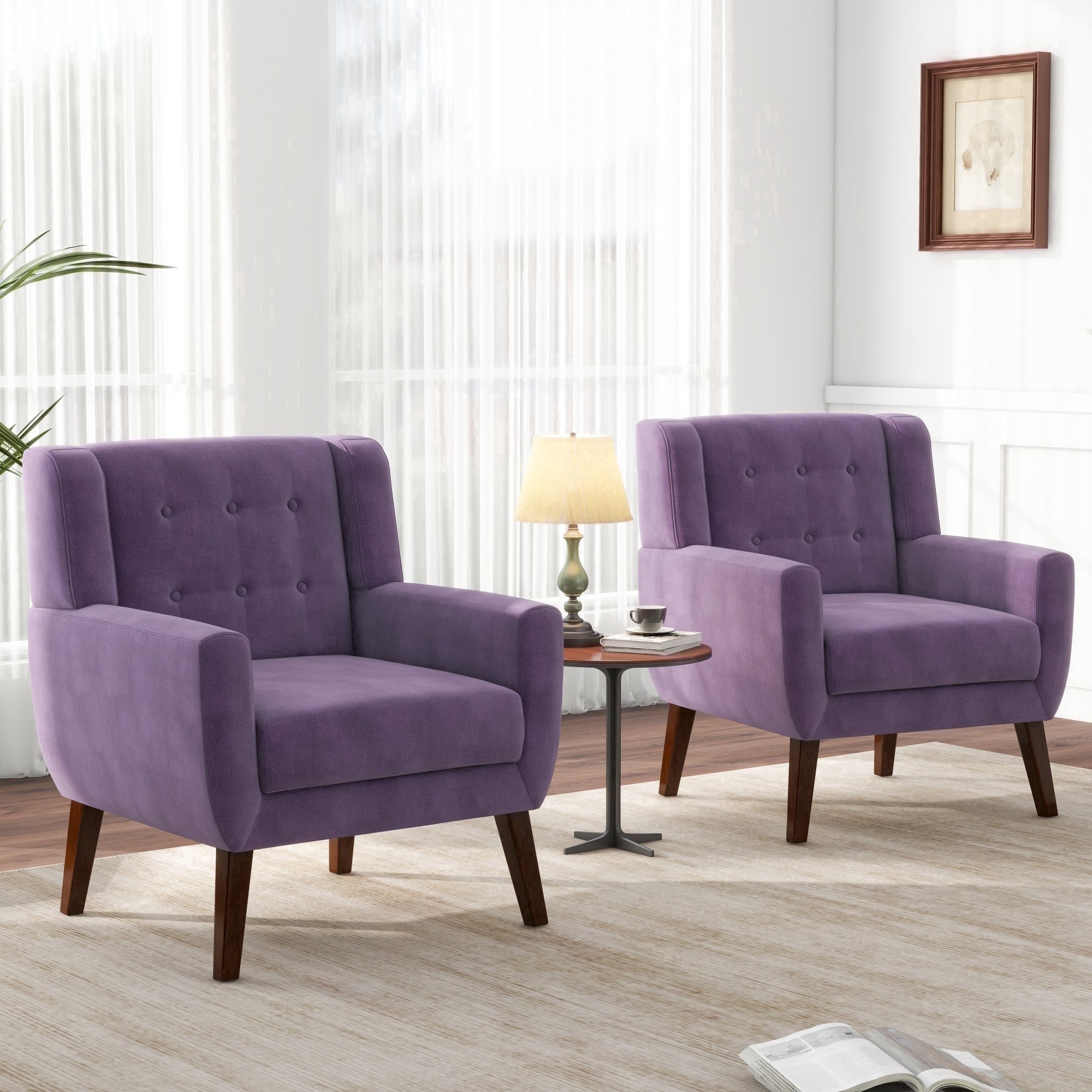 DREAMSIDEA Modern Button Tufted Accent Chair Set of 2 Upholstered Armchair Indoor,Velvet Living Room Chair for Bedroom, Purple