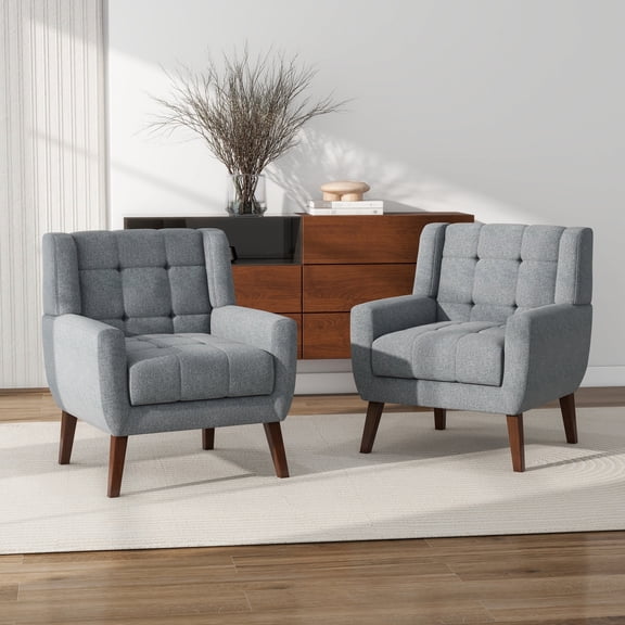 DREAMSIDEA Modern Button Tufted Accent Chairs Set of 2 Upholstered Indoor,Linen Living Room Arm Chair for Bedroom, Grey