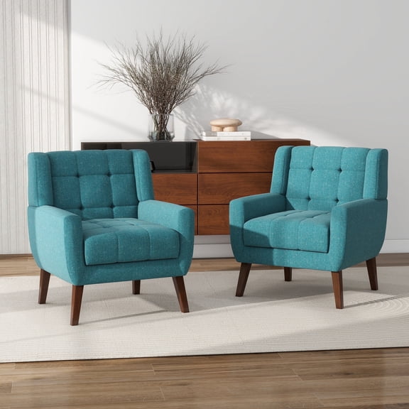 DREAMSIDEA Modern Button Tufted Accent Chairs Set of 2 Upholstered Indoor,Linen Living Room Arm Chair for Bedroom, Light Blue