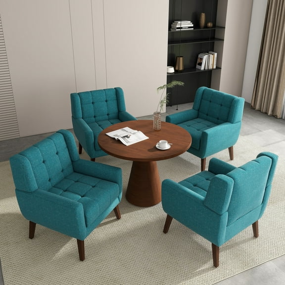 DREAMSIDEA Modern Button Tufted Accent Chairs Set of 4 Upholstered Indoor,Linen Living Room Arm Chair for Bedroom, Light Blue