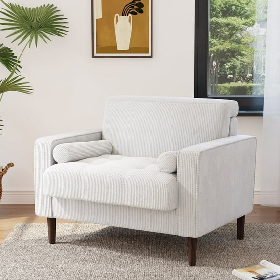 DREAMSIDEA Modern Upholstered Corduroy Accent Chairs Comfy Armchair Reading Chair with Pillows for Living Room Bedroom Reading Room,Beige