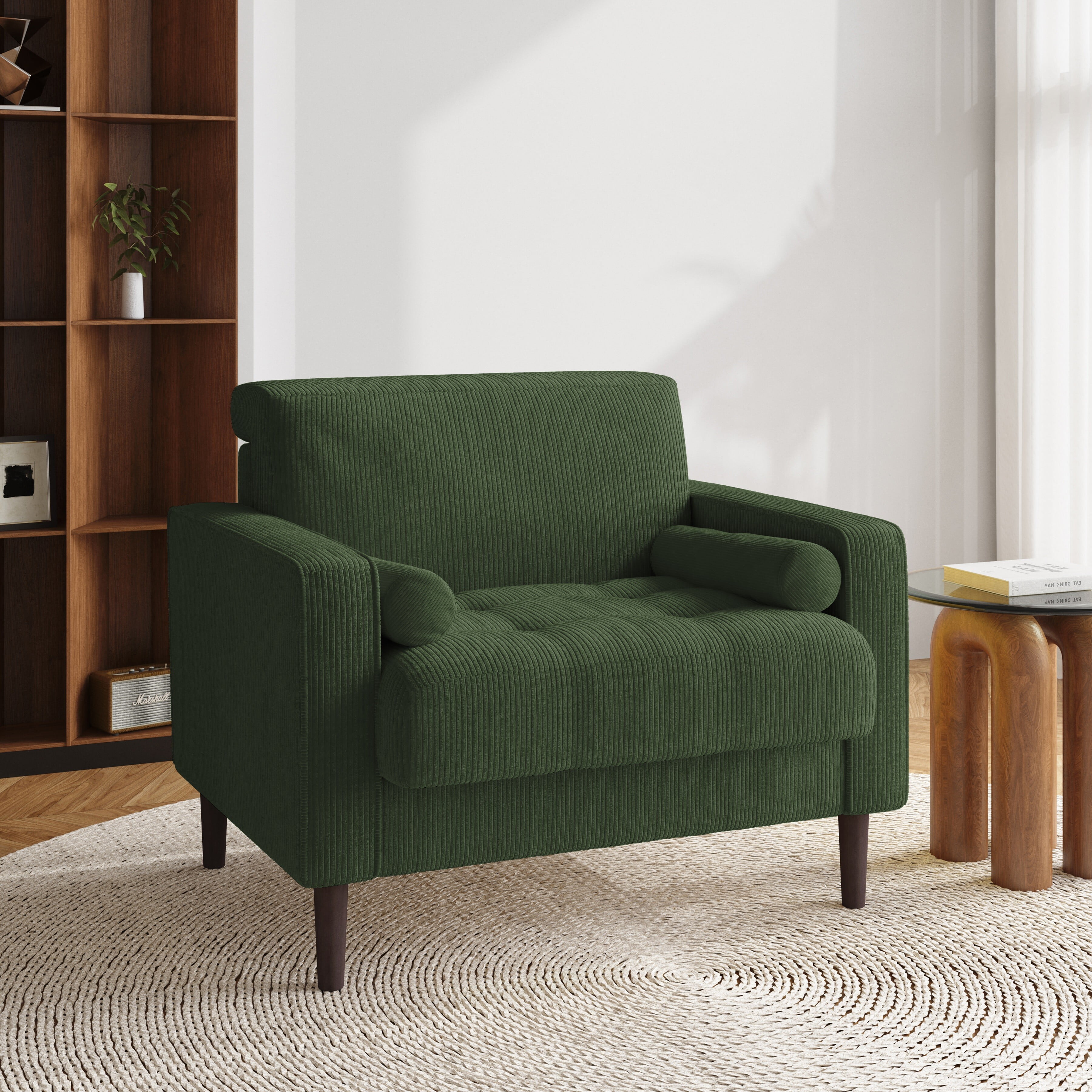 Green Corduroy Upholstered Accent Chair with Wood Legs