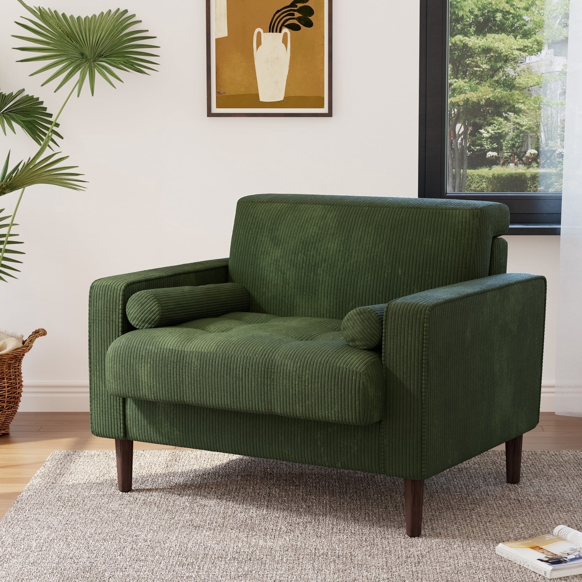 DREAMSIDEA Modern Upholstered Corduroy Accent Chairs Comfy Armchair Reading Chair with Pillows for Living Room Bedroom Reading Room,Green