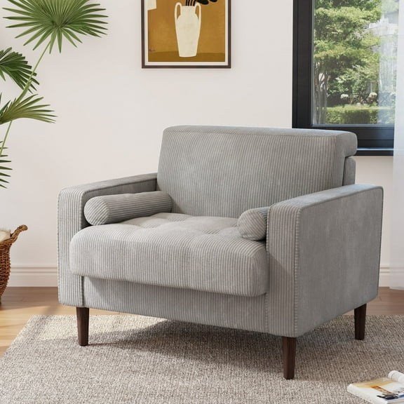 DREAMSIDEA Modern Upholstered Corduroy Accent Chairs Comfy Armchair Reading Chair with Pillows for Living Room Bedroom Reading Room,Light Grey