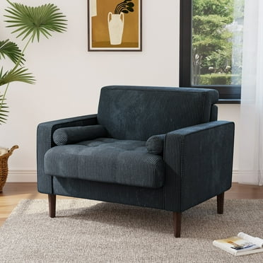DREAMSIDEA Modern Upholstered Corduroy Accent Chairs Comfy Armchair Reading Chair with Pillows for Living Room Bedroom Reading Room,Navy