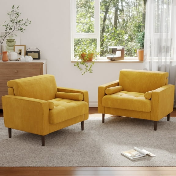 DREAMSIDEA Modern Upholstered Corduroy Accent Chairs Set of 2 Comfy Armchair Reading Chair with Pillows for Living Room Bedroom Reading Room,Yellow