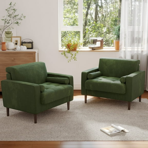 DREAMSIDEA Modern Upholstered Corduroy Accent Chairs Set of 2 Comfy Armchair Reading Chair with Pillows for Living Room Bedroom Reading Room,Green