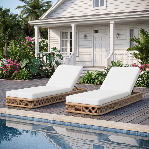DREAMSIDEA Outdoor Chaise Lounge Set of 2, 5-Position Adjustable Woven Rope Patio Chair with Thick Cushion, Natural Rope/Beige Cushion