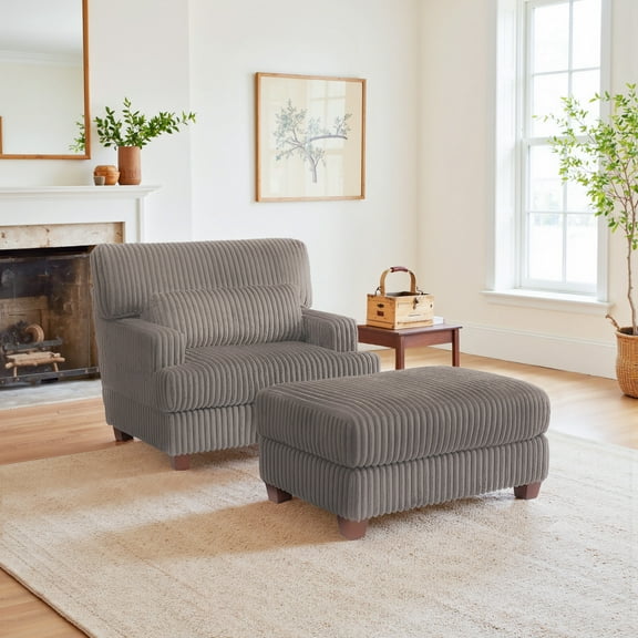 DREAMSIDEA Oversized Accent Chair with Ottoman for Living Room, Faux Fur Accent Armchair Single Reading Chair Set with Pillow, Indoor Chaise Lounge Sofa Bed, Dark Camel