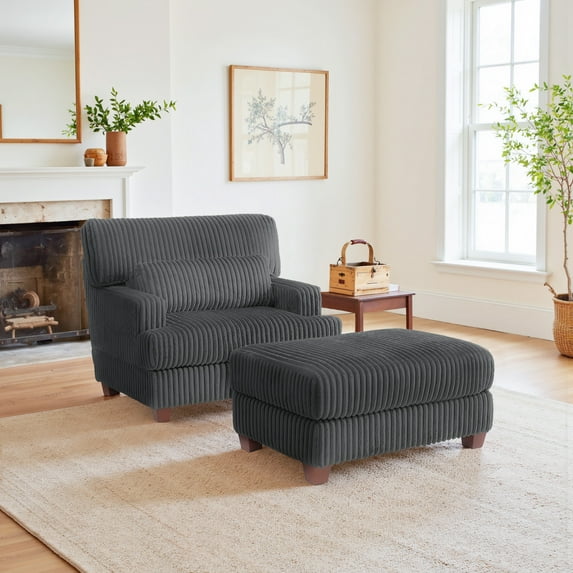 DREAMSIDEA Oversized Accent Chair with Ottoman for Living Room, Faux Fur Accent Armchair Single Reading Chair Set with Pillow, Indoor Chaise Lounge Sofa Bed, Dark Gray