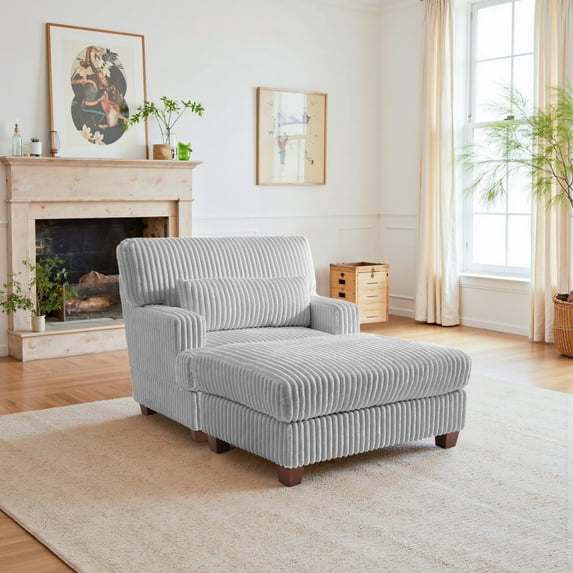 DREAMSIDEA Oversized Accent Chair with Ottoman for Living Room, Faux Fur Accent Armchair Single Reading Chair Set with Pillow, Indoor Chaise Lounge Sofa Bed, Light Gray