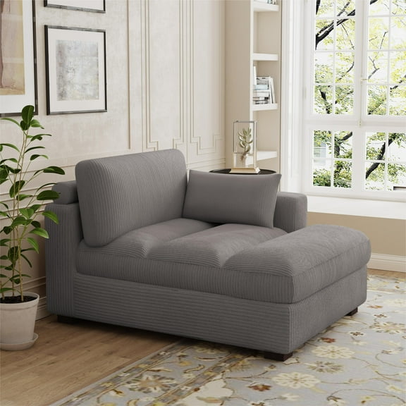 DREAMSIDEA Oversized Chaise Lounge for Living Room Modern Corduroy Sofa with Left Armrest Indoor Lounge Chair,Light Grey